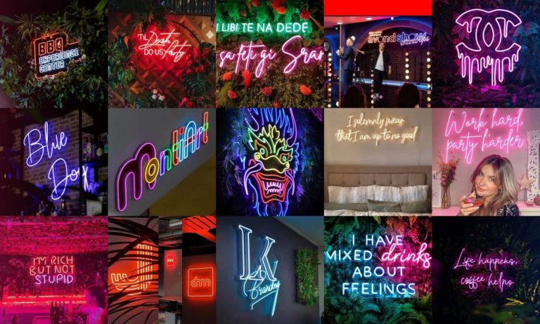 Neonlichten die de geschiedenis van de neonlamp illustreren, van klassieke reclameborden tot moderne decoratieve verlichtings