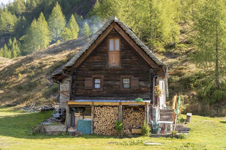 Houten blokhut met veranda in tuin omgeven door natuur, ideaal voor ontspanning en werk