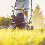 Hooggrasmaaier in werking op dicht, overwoekerd grasveld met hoog gras