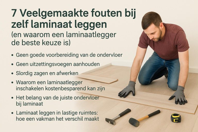 Infographic over 7 veelgemaakte fouten bij zelf laminaat leggen met tips voor voorbereiding en afwerking