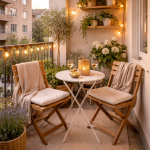 Klein balkon inrichten met compact zitgedeelte, enkele planten en rustige inrichting voor optimaal gebruik van de ruimte