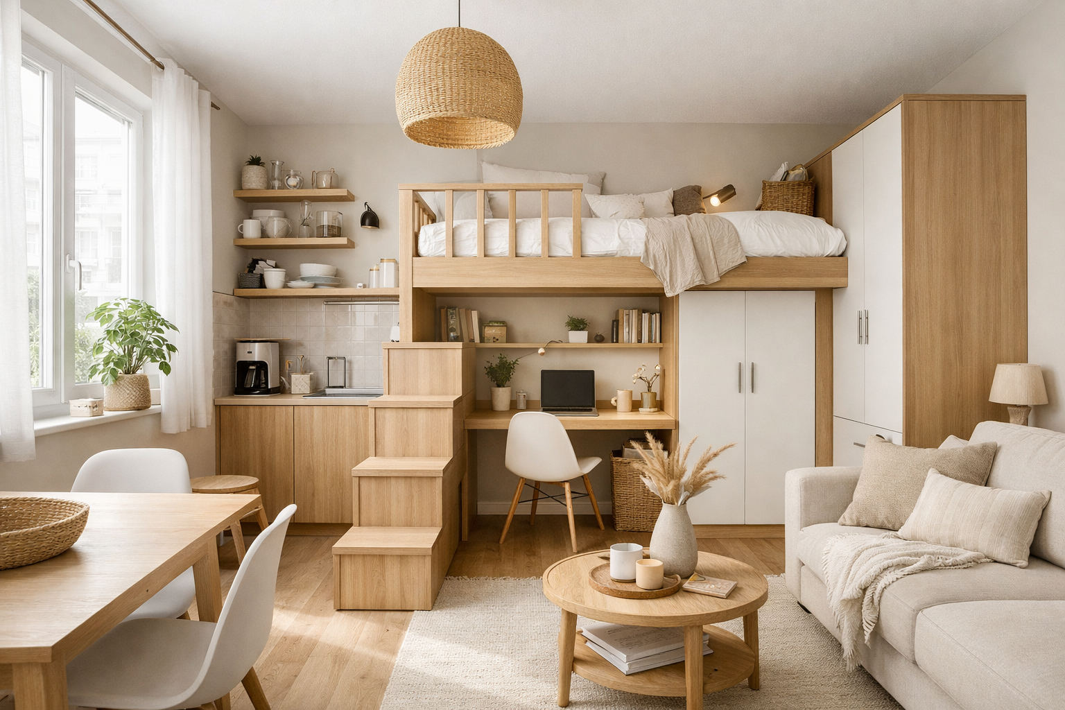 Voorbeeld van slim klein wonen: ruime, overzichtelijk ingerichte woonkamer met doordachte indeling en minimale visuele drukte
