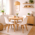 Kleine eethoek inrichten met compacte tafel en slanke stoelen tegen de wand in een kleine woning