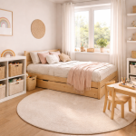 Voorbeeld van kleine kinderkamer inrichten met slim bed tegen de wand, duidelijke opbergzone en vrije speelruimte