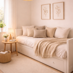 Kleine logeerkamer inrichten met compact bed, neutrale kleuren en minimale meubels voor gastheer comfort