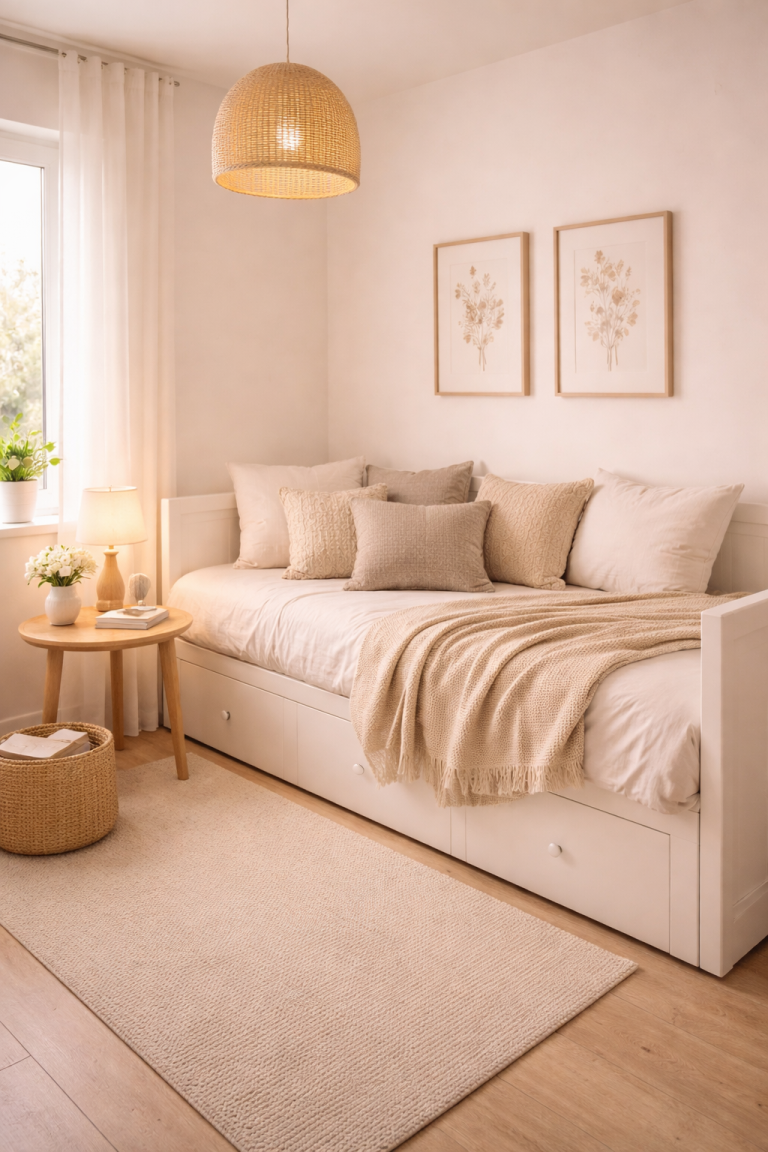 Kleine logeerkamer inrichten met compact bed, neutrale kleuren en minimale meubels voor gastheer comfort