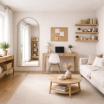 Kleine ruimte groter laten lijken: voorbeeld van minimalistisch ingericht woonkamer met lichte kleuren en zichtbare vloer