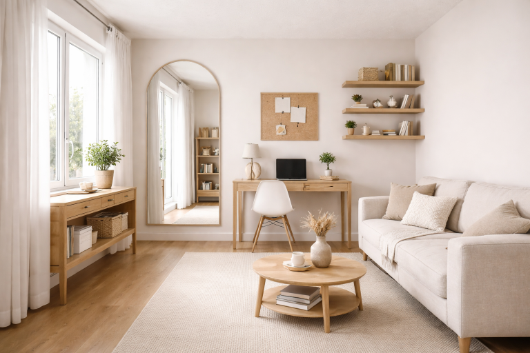 Kleine ruimte groter laten lijken: voorbeeld van minimalistisch ingericht woonkamer met lichte kleuren en zichtbare vloer
