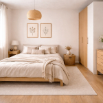 Voorbeeld van kleine slaapkamer inrichten met bed tegen wand, compacte kast en rustgevende inrichting