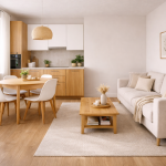 Voorbeeld van een kleine woonkamer met open keuken ingericht met duidelijke zones, rustige kleuren en functionele meubels