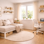 Voorbeeld van logeerkamer en kantoor in kleine ruimte met daybed, compact bureau en rustige inrichting