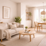 Voorbeeld van minimalistisch wonen in een kleine ruimte met rustige inrichting en functionele meubels