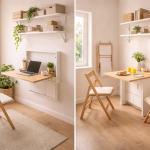 Opklapbare meubels voor kleine ruimtes: wandtafel, inklapbaar bureau en klapstoelen in compacte woonruimte