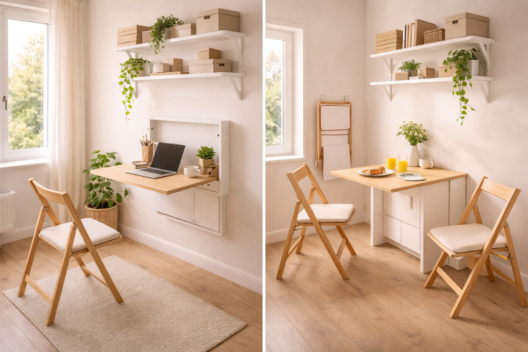 Opklapbare meubels voor kleine ruimtes: wandtafel, inklapbaar bureau en klapstoelen in compacte woonruimte