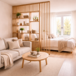 Voorbeeld van een roomdivider voor kleine ruimtes met open kast constructie die licht doorlaat