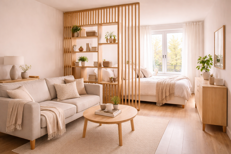 Voorbeeld van een roomdivider voor kleine ruimtes met open kast constructie die licht doorlaat