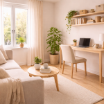 Voorbeeld van een werkplek in de woonkamer in een kleine ruimte met bureau, stoel en opberging tegen rustige wand