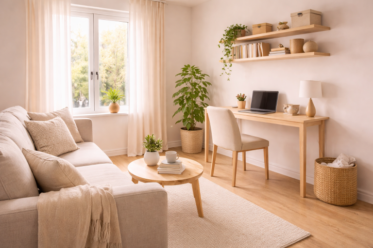 Voorbeeld van een werkplek in de woonkamer in een kleine ruimte met bureau, stoel en opberging tegen rustige wand