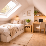 Een kleine zolderkamer inrichten met lage opbergkast langs de schuine wand, laag bed en bureau bij daglicht