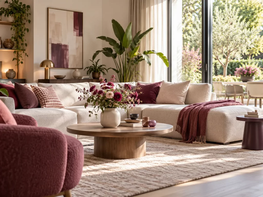 Moderne woonkamer met warme paarse accenten, comfortabele meubels en groene planten.