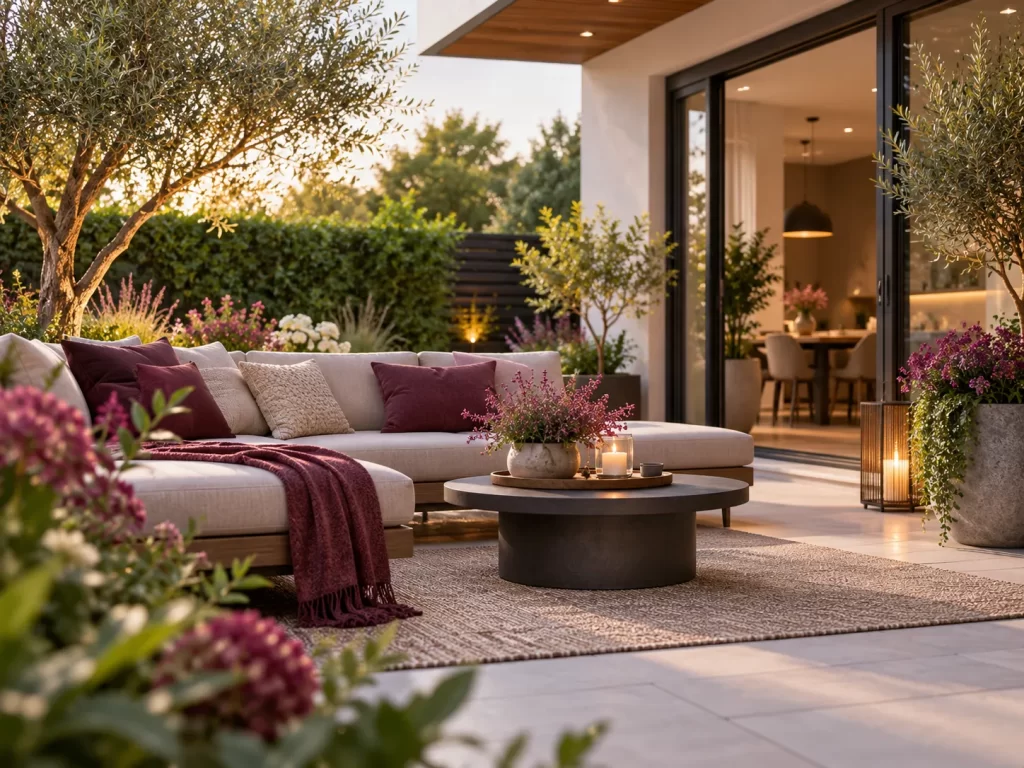 Modern tuin­terr­as met comfortabele lounge­meubels, bloemen en paarse woonaccessoires.