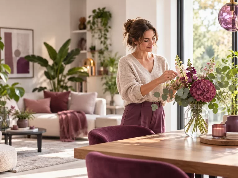 Vrouw schikt bloemen in een lichte woonkamer met planten en stijlvolle paarse interieuraccenten.