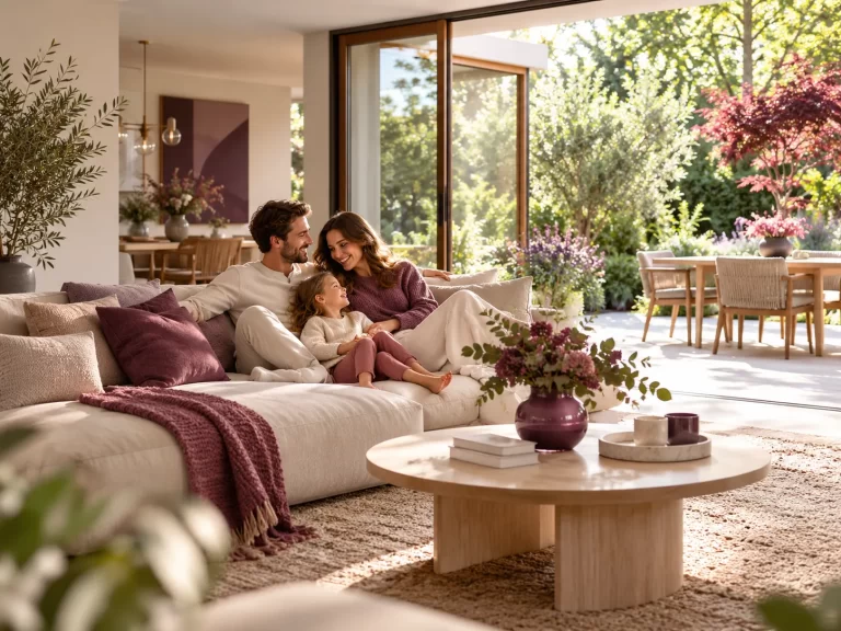 Gezin ontspant in een moderne woonkamer met grote ramen, warme woonaccessoires en zicht op de tuin.