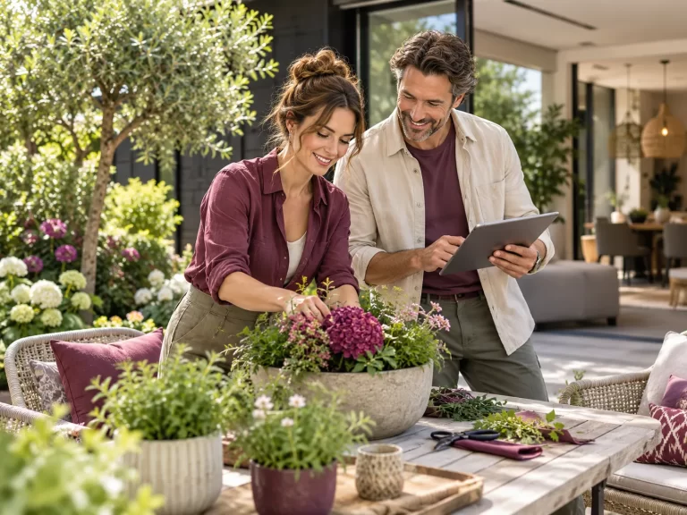 Twee auteurs werken samen aan tuin- en wooninspiratie met planten, bloemen en een tablet op een modern terras.