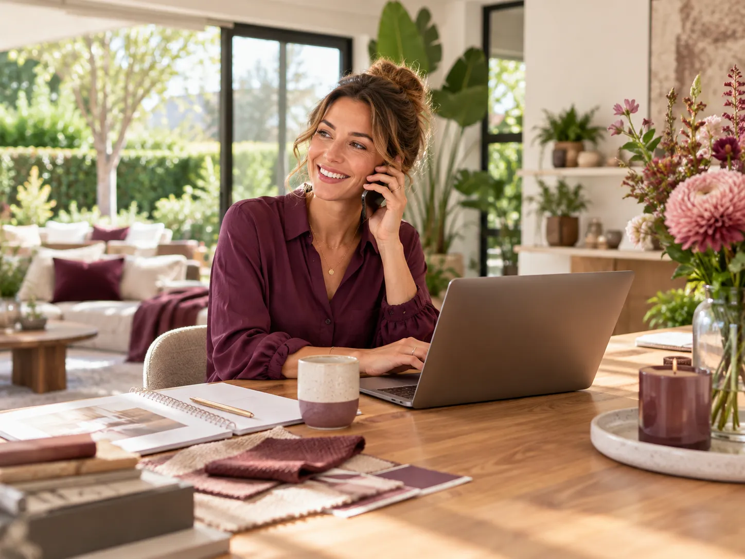 Vrouw bespreekt telefonisch woonideeën terwijl ze werkt aan een laptop in een lichte, stijlvolle woonruimte.