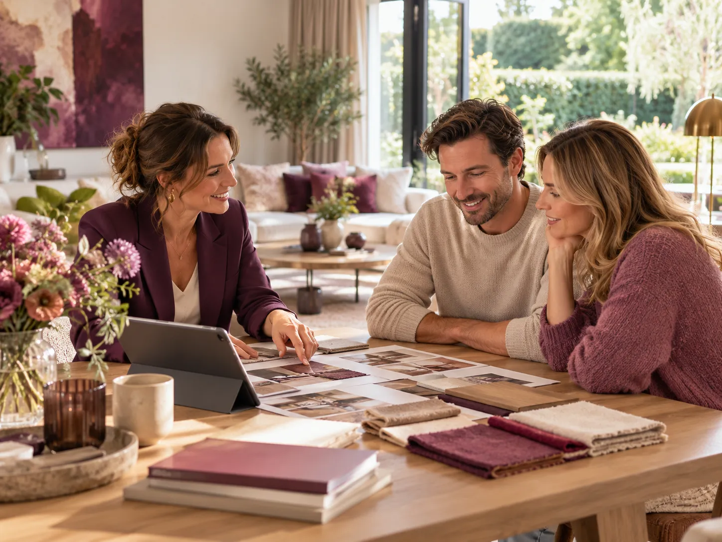 Interieuradviseur bespreekt woonmaterialen en sfeerbeelden met een stel in een moderne woonkamer.