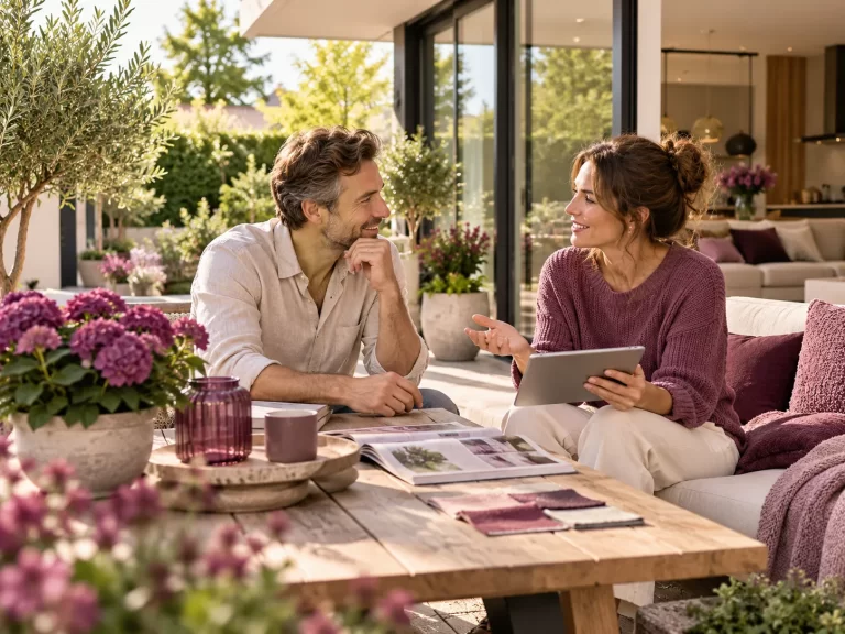 Man en vrouw bespreken woon- en tuinideeën op een zonnig terras met een tablet, magazines en paarse woonaccenten.